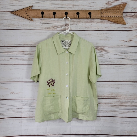 LA Blend Tops - LA Blend | Linen Beaded Floral Button Up Short Sleeve Top Lagenlook